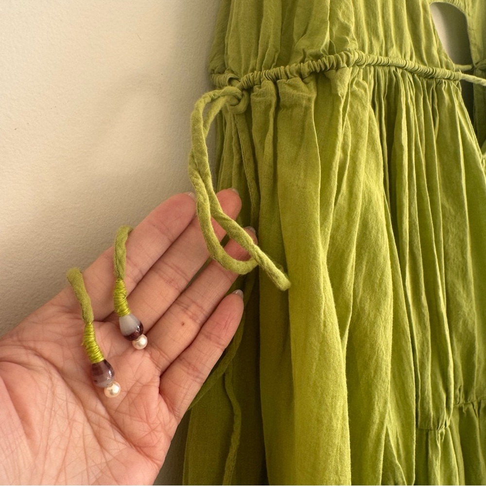 Jodi | Made in India Green Cottage Core Zinnia Tiered Babydoll Dress ~ Medium - Picture 6 of 10